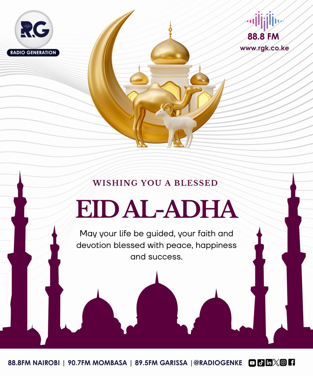 RadioGenKe's tweet photo. Eid Mubarak to you and your loved ones. May this day bring peace to your heart, light to your home and joy that stays long after the celebrations end. May your prayers be answered, your table stay full and your days ahead carry grace, happiness and good health.
#EidAlAdhaKE
#HomeOfHardTruths
