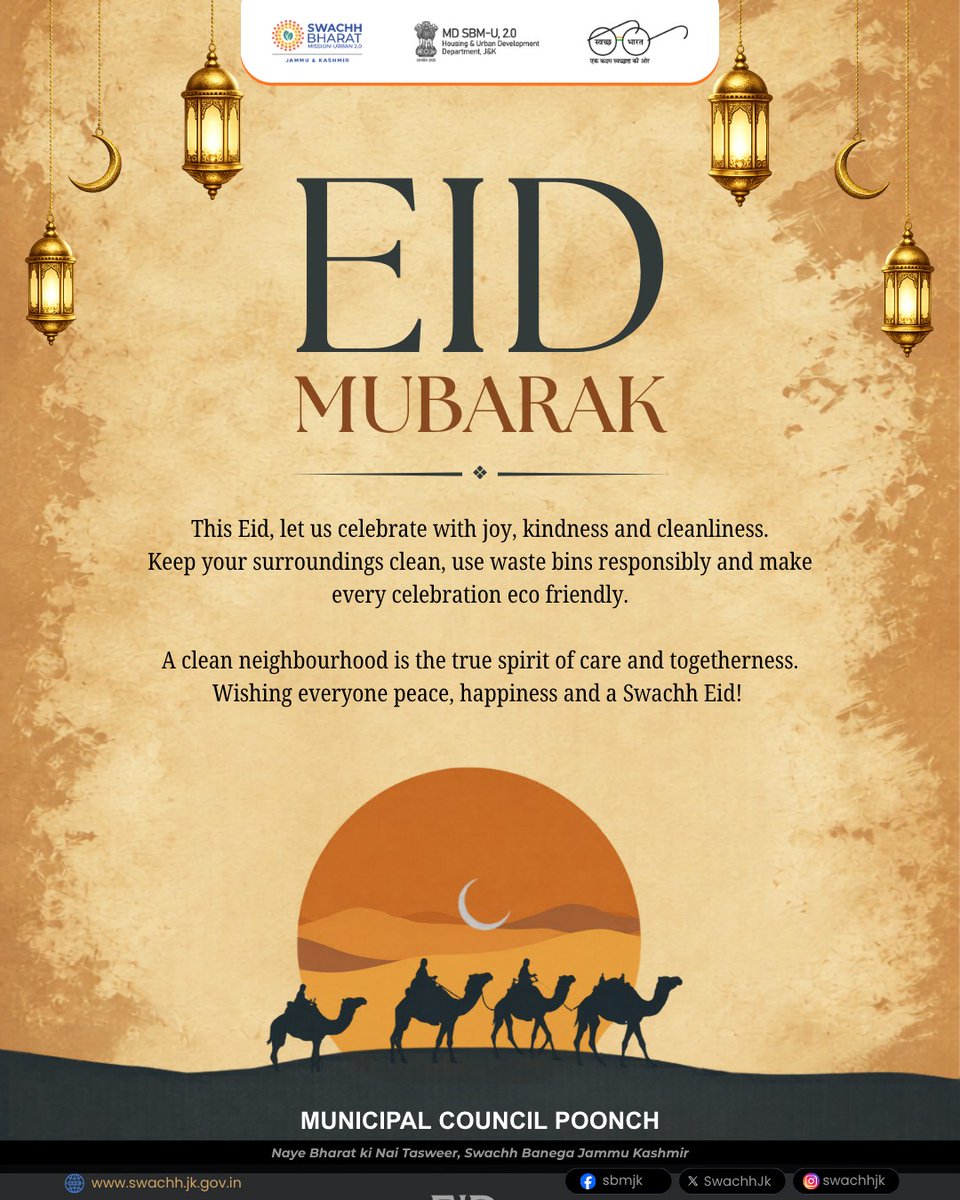 CouncilPoonch's tweet photo. Eid Mubarak to everyone.
May this festive occasion bring peace, happiness, harmony, &amp; prosperity to all. Let us celebrate responsibly by keeping our surroundings clean &amp; making every celebration eco-friendly
@MoHUA_India 
@md_sbm 
@JKHUDD1
@PoonchDm 
@JammuUlb
@diprjk 
@DICPoonch https://t.co/iv69SOqJNP