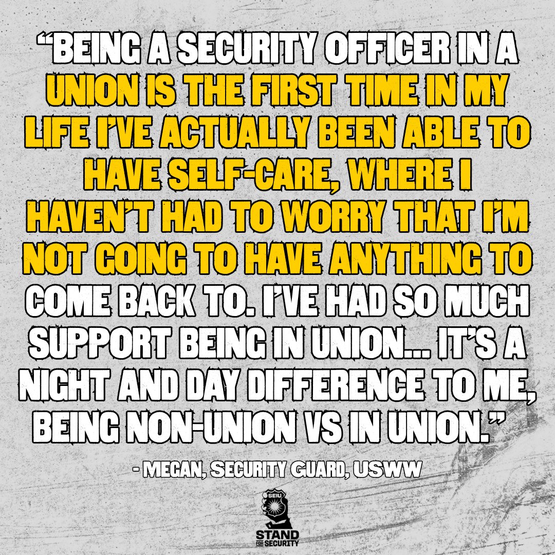 SEIU's tweet photo. THIS is why Security Officers are uniting across the country to #StandForSecurity! When we take collective action to demand higher wages and safer workplaces, working people like Megan experience the union difference firsthand. https://t.co/C8b3iwbsf7