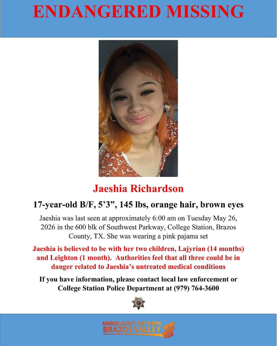 RustySuretteTV's tweet photo. 🔴URGENT🔴 Friends, the College Station Police Department is searching for this mom and her two children. They were last seen this morning on Southwest Parkway.

She is Jaeshia Richardson, 17, and her two are Lajyrian Jaihkell Richardson, 1, and Leighton Blake Richardson, 1 month.  It is believed that they could be in danger related to Jaeshia's untreated medical conditions.  Let's find them tonight!

If you know where they are, please call 911 or your local law enforcement immediately, or contact College Station Police directly at 979-764-3600.