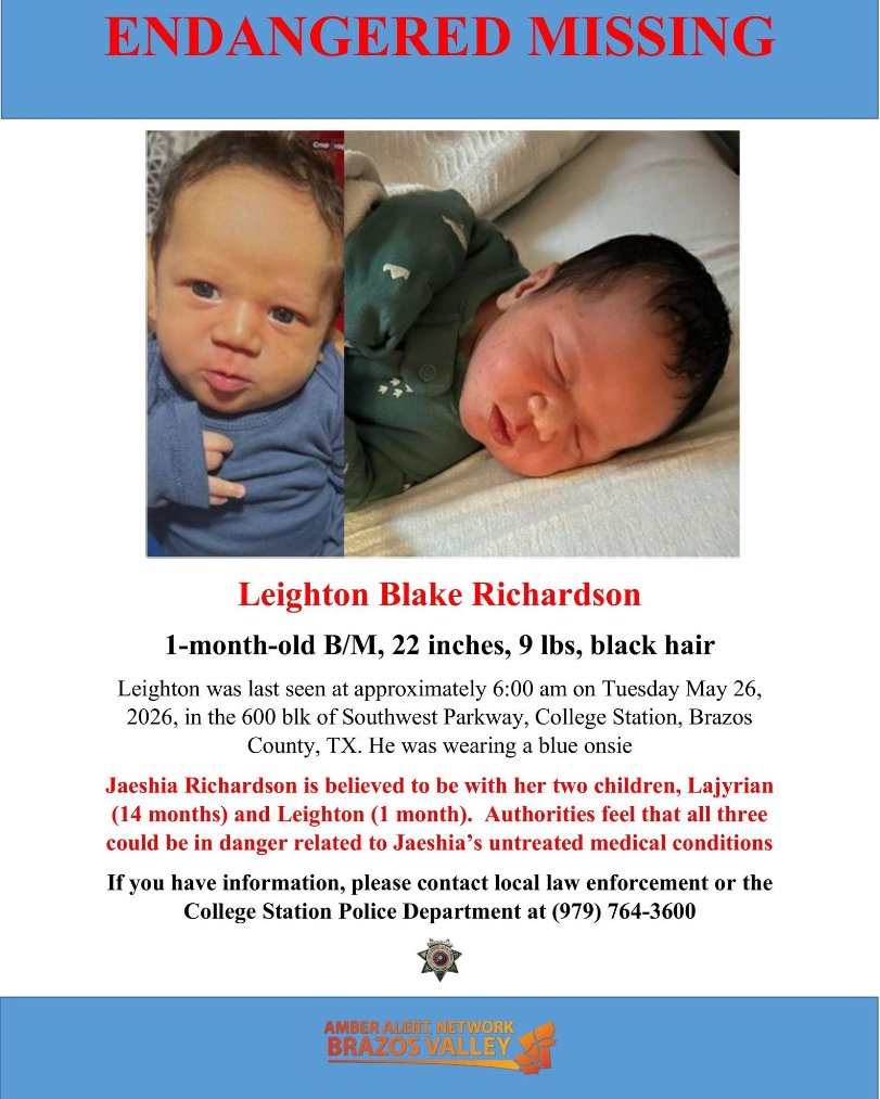 RustySuretteTV's tweet photo. 🔴URGENT🔴 Friends, the College Station Police Department is searching for this mom and her two children. They were last seen this morning on Southwest Parkway.

She is Jaeshia Richardson, 17, and her two are Lajyrian Jaihkell Richardson, 1, and Leighton Blake Richardson, 1 month.  It is believed that they could be in danger related to Jaeshia's untreated medical conditions.  Let's find them tonight!

If you know where they are, please call 911 or your local law enforcement immediately, or contact College Station Police directly at 979-764-3600.