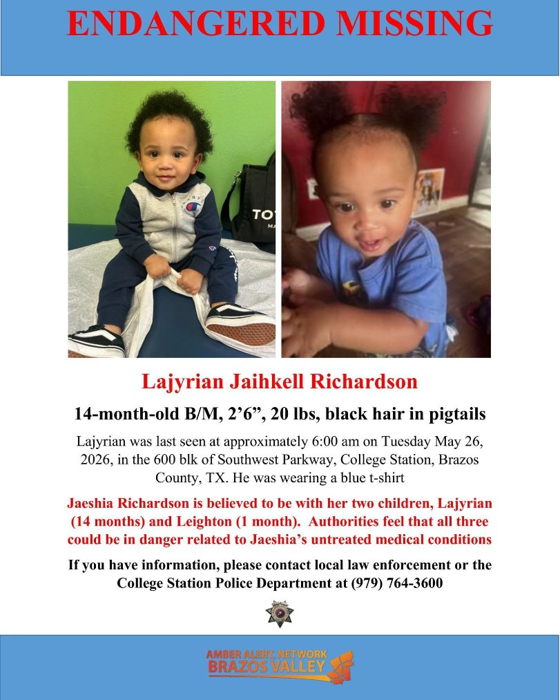 RustySuretteTV's tweet photo. 🔴URGENT🔴 Friends, the College Station Police Department is searching for this mom and her two children. They were last seen this morning on Southwest Parkway.

She is Jaeshia Richardson, 17, and her two are Lajyrian Jaihkell Richardson, 1, and Leighton Blake Richardson, 1 month.  It is believed that they could be in danger related to Jaeshia's untreated medical conditions.  Let's find them tonight!

If you know where they are, please call 911 or your local law enforcement immediately, or contact College Station Police directly at 979-764-3600.