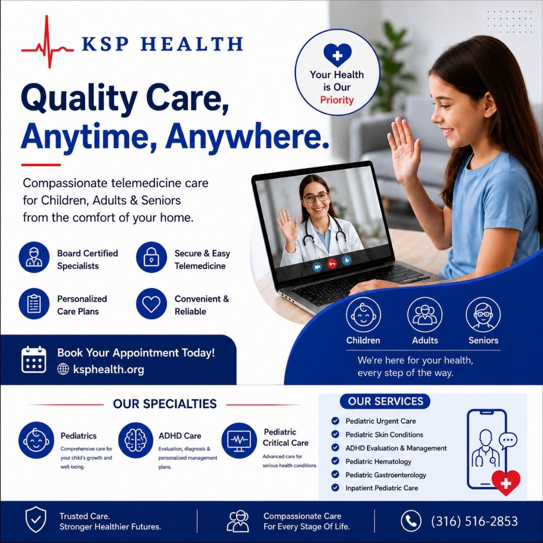 KSPHealth's tweet photo. KSP Health, we provide medical care to every family—wherever they are, at any time—making healthcare easy, safe, and accessible for everyone.

Appointment Now
🌐 https://t.co/ptBkQJyMzu
📞 (316) 516-2853

#KSPHealth #Telemedicine #VirtualDoctor #Pediatrics #ADHDCare #Healthcare https://t.co/t5autKXzUH