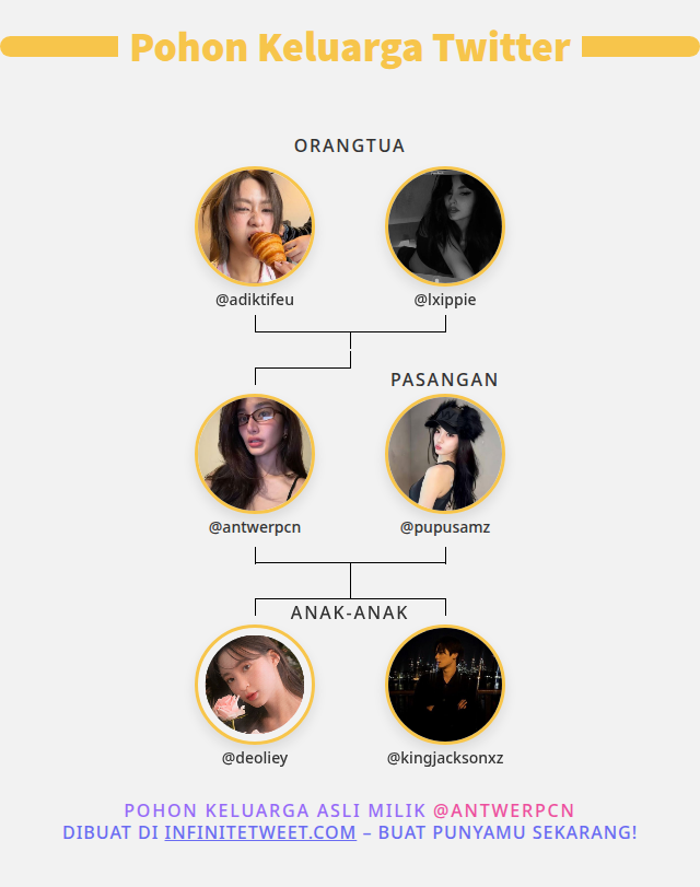 antwerpcn's tweet photo. 👨‍👩‍👧‍👦 Keluarga Twitter saya:
👫 Orangtua: @adiktifeu @lxippie
👰 Pasangan: @pupusamz
👶 Anak-anak: @deoliey @kingjacksonxz

➡️ https://t.co/sDWmuGfIaV https://t.co/wmIvKXwrwD