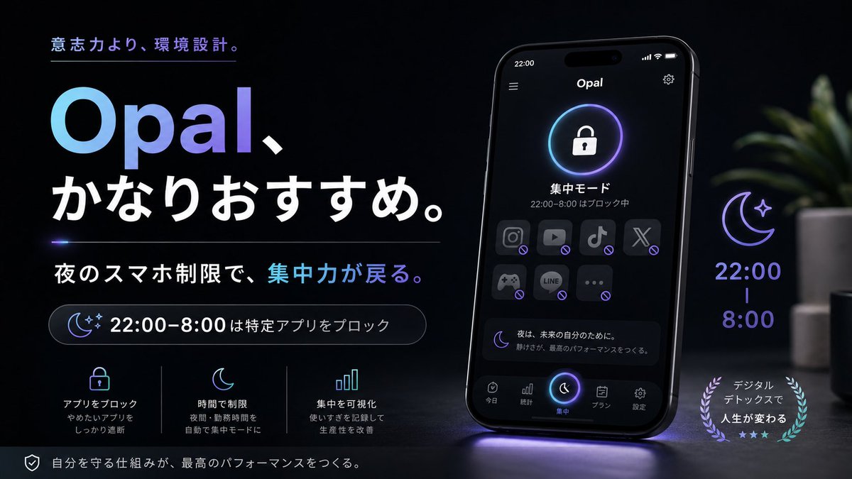 396in369's tweet photo. タイムロッキングは使ったことない。

そこまで外部ロックしないと自己制御できない状態にはなりたくないから。

ただ、仕組みは入れてる。
Opalとゆうアプリで22-8時は特定アプリを開けないようにしてる。

夜のスマホを断つと、睡眠・集中・翌日の仕事量が普通に変わる。

まーじでオススメです https://t.co/CKiwb9Foc8