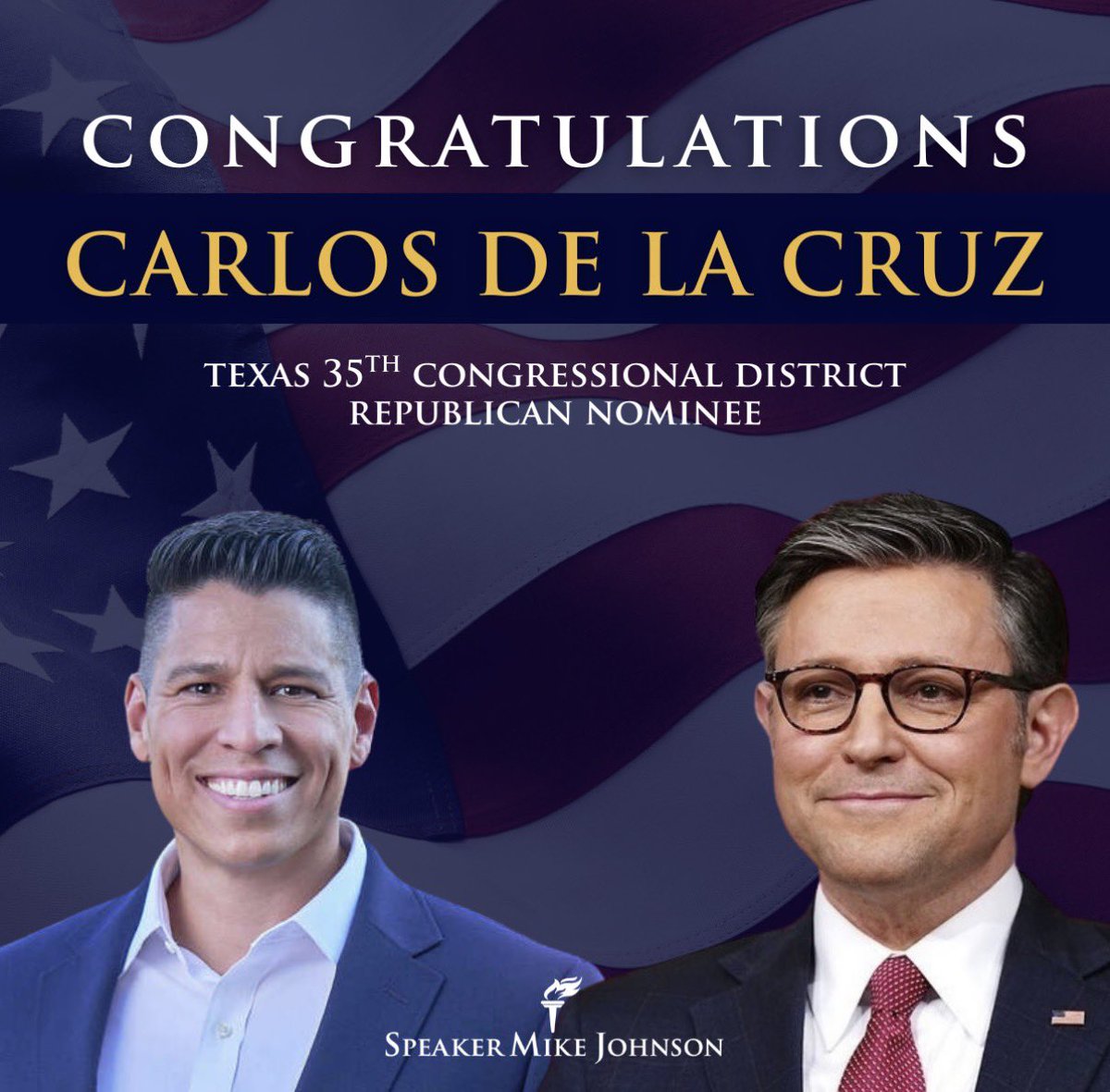 MikeJohnson's tweet photo. Congratulations to @CarlosForTexas on victory in the #TX35 Republican primary! I look forward to working together to defend and grow the majority in November. 🇺🇸 https://t.co/yyKnuNnlev