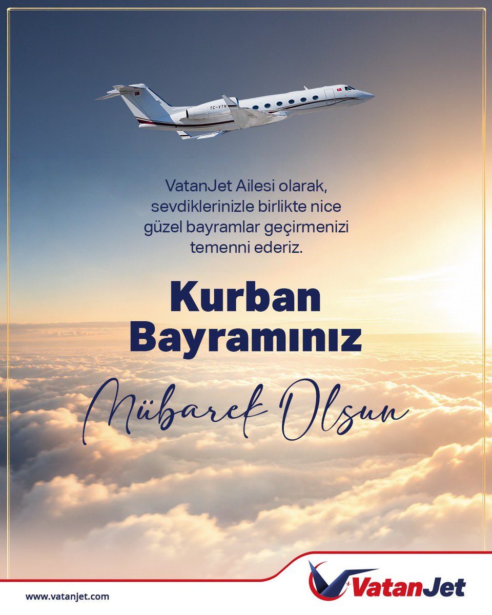 VatanJet's tweet photo. VatanJet Ailesi olarak, sevdiklerinizle birlikte sağlık, huzur ve mutluluk dolu bir bayram geçirmenizi dileriz.

Kurban Bayramınız mübarek olsun. https://t.co/kUwjyBNMw4