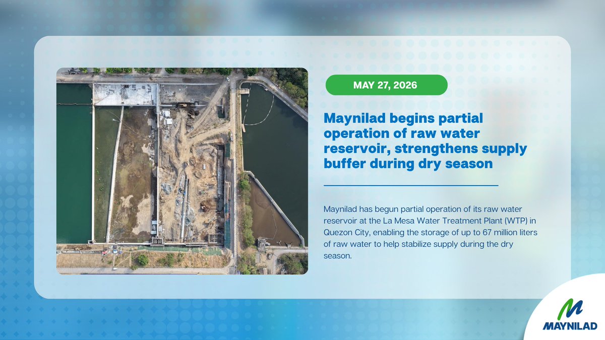 maynilad's tweet photo. Sinimulan na ng Maynilad ang partial operations ng raw water reservoir nito sa La Mesa Water Treatment Plant sa Quezon City upang makatulong sa pagpapanatili ng mas matatag na water supply, lalo na sa panahon ng mababang inflow.

Kapag ganap nang natapos, magkakaroon ito ng kapasidad na mag-imbak ng hanggang 200 million liters ng raw water upang suportahan ang mas maayos at tuloy-tuloy na serbisyo sa West Zone.