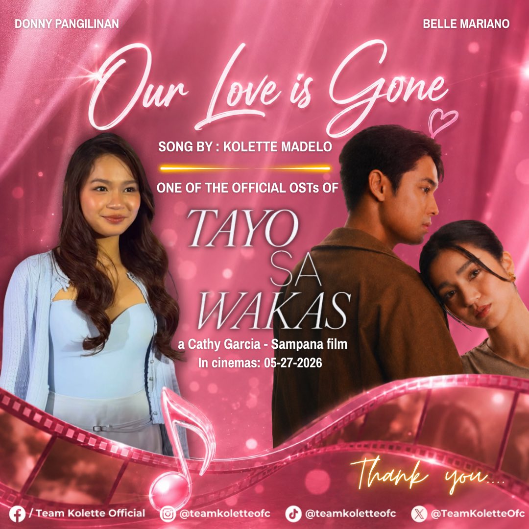 TeamKoletteOfc's tweet photo. Hello, Moonlettes🌙

Our hearts are so full knowing that “Our Love Is Gone” by Kolette Madelo is one of the official OSTs of Tayo Sa Wakas. Seeing one of Kolette’s songs become part of a beautiful film is truly a special achievement and a moment worth celebrating.

To see her song become part of a project featuring two of the industry’s beloved artists, Donny Pangilinan and Belle Mariano, under a Cathy Garcia-Sampana film, makes this even more meaningful and unforgettable. This is such a beautiful step in her journey, and we know this is only the beginning of many more blessings and opportunities waiting for her.

We would also like to express our sincerest gratitude to the whole production team of Tayo Sa Wakas for giving her music the opportunity to become part of this beautiful project. 

 And to all our fellow Moonlettes, as our way of giving back and showing appreciation for this blessing, let us all support this film with all our hearts. Let us all watch and support Tayo Sa Wakas in cinemas and appreciate the beautiful work of @donnypangilinan and @bellemariano02, who continue to inspire many through their amazing work and talent as artists. 

Let’s continue to support and celebrate talented artists who continue to inspire people through their craft.

See you at the cinemas, Moonlettes!