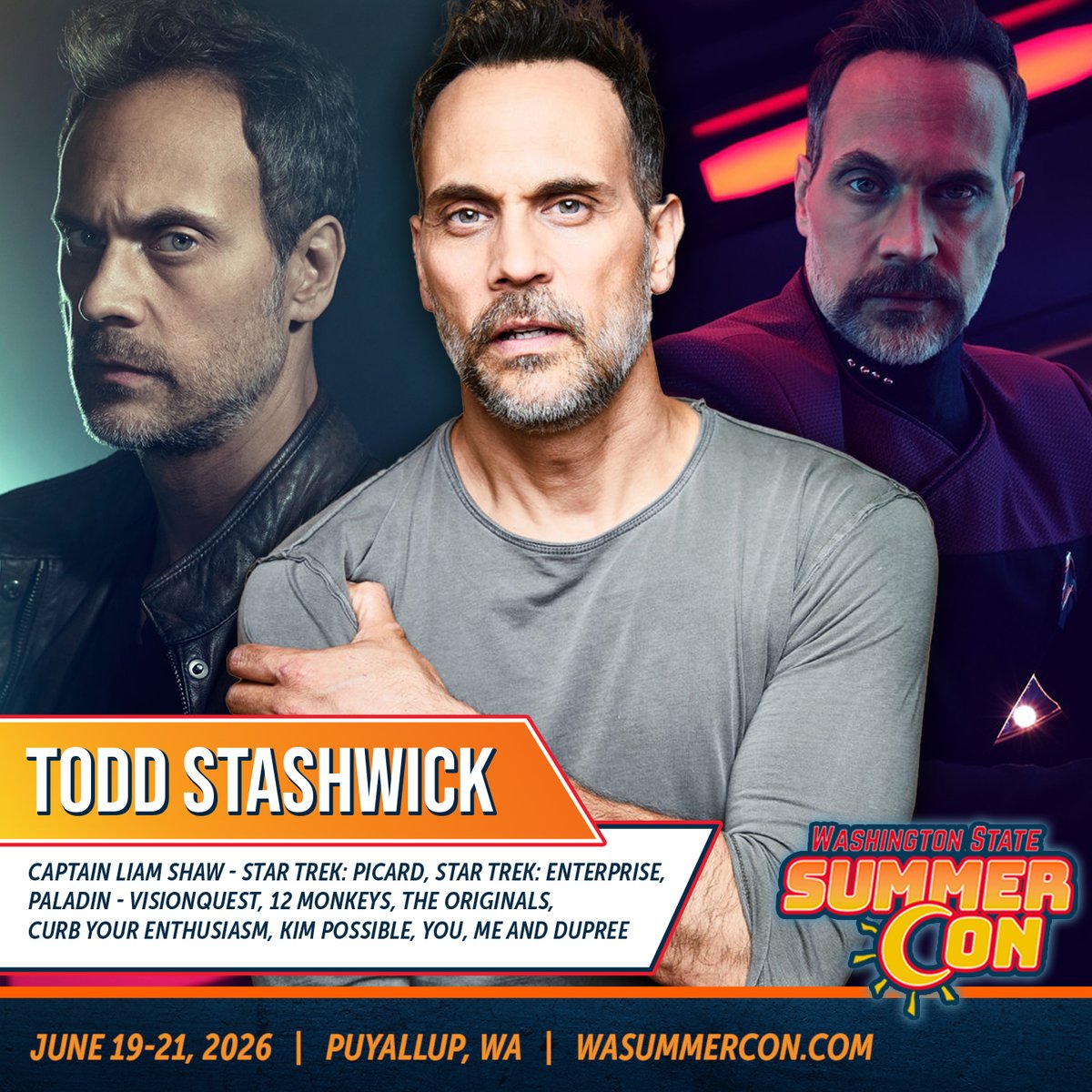 wasummercon's tweet photo. When we last saw Todd, he was fresh off the Bridge in Picard, and now he has just wrapped up the newest Marvel series VisionQuest set to be released in October. Please welcome Todd Stashwick to the Washington State Summer Con from June 19th through the 21st.

Todd is set to make Paladin's live-action debut in the MCU in Marvel’s upcoming VisionQuest (2026). The mercenary anti-hero Paladin first appeared in Daredevil #150 (January 1978) and was created by the late Summer Con favorite Jim Shooter.

After reading Todd’s own words… “Since long before I joined the Starfleet, was biting necks, terrorizing Gotham, or fighting time-traveling monkeys on TV, I have been an action-figure-collecting, comic-book-reading, dice-rolling, video-game-playing, Scifi-fantasy-loving, Tiki-drinking, Con-going, nerdboy.”   we knew that he would be a perfect fit for the Summer Con lineup.

Todd is currently known for portraying Federation Starfleet Captain Liam Shaw in the third season of Star Trek: Picard.  His performance was blunt, outspoken, memorable, and heroic.

Early in his acting career, Todd was part of The Second City improv tour with fellow Summer Con alumni, David Koechner. He was a series regular on the TV adaptation of 12 Monkeys who landed the role of Dr. Drakken in the live-action adaptation of Kim Possible. He has had recurring roles in The Originals, Teen Wolf, and a significant part in The Riches.

He is also the writer and co-creator of the online action/horror web-comic 'Devil Inside'. He publishes a new free episode weekly on his website. The comic has brought him to comic book conventions nationwide with his collaborator, comic book artist Dennis Calero.

Meet Todd Stashwick all weekend at the Washington State Summer Con from June 19th through the 21st. He will be signing autographs, taking photos, and speaking on a panel at the show. Tickets for the Washington State Summer Con are on sale now! https://t.co/WzdAECkDWX