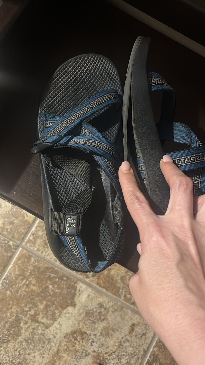 harpsmum's tweet photo. @chacousa after a faithful 27 years, my first pair of chacos (men’s blue/gray Greek key) have decided that’s it’s time. 27 years, 5 countries, 3 continents, countless states and moves, rest in piece chacos!  Thanks for the memories :( https://t.co/BhzwoZz80e