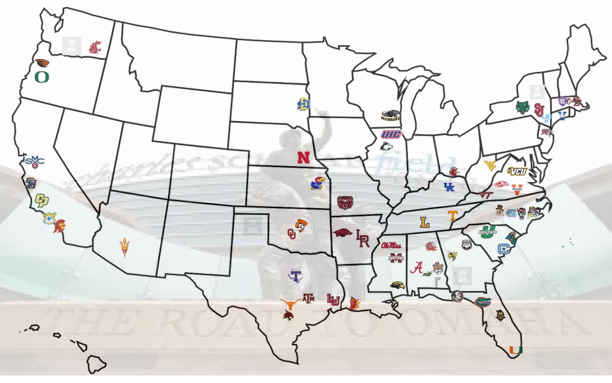 CFBHome's tweet photo. Road to Omaha begins Friday. Here is all 64 teams and their locations (approximate) https://t.co/85kui4bhP2