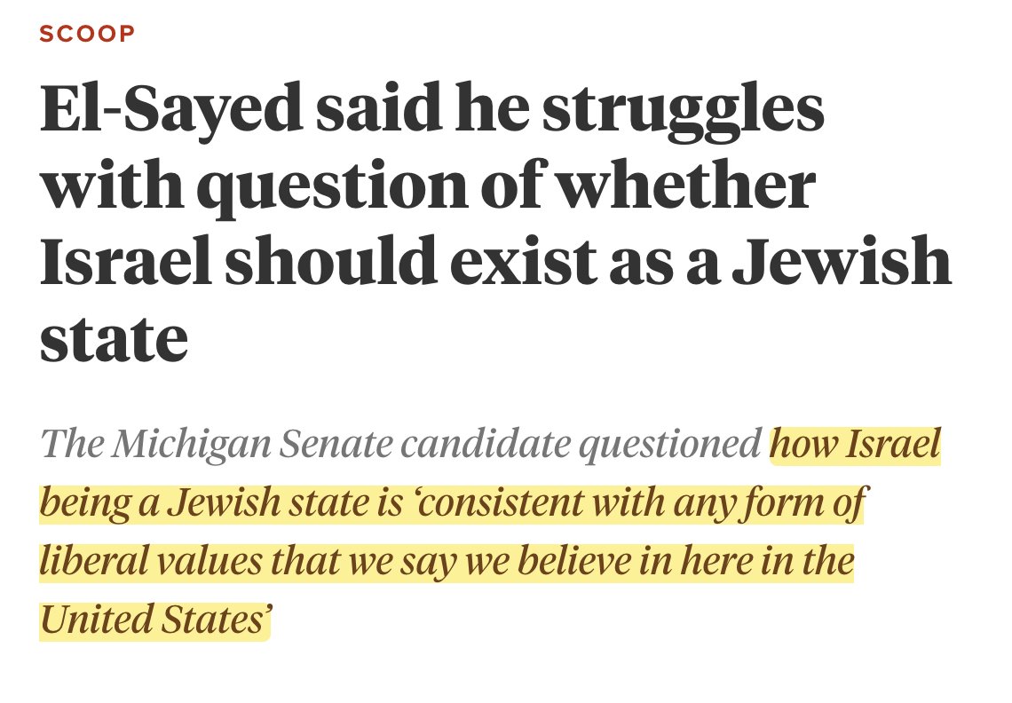 EmmaVigeland's tweet photo. Phenomenal answer by El-Sayed on Israel's "right to exist" as an ethnostate with no right to return for Palestinians. It's the furthest I've seen a viable Senate candidate go in acknowledging the one-state reality. Expect Zionist groups to get desperate and spend in response. https://t.co/jr4w36K3aa