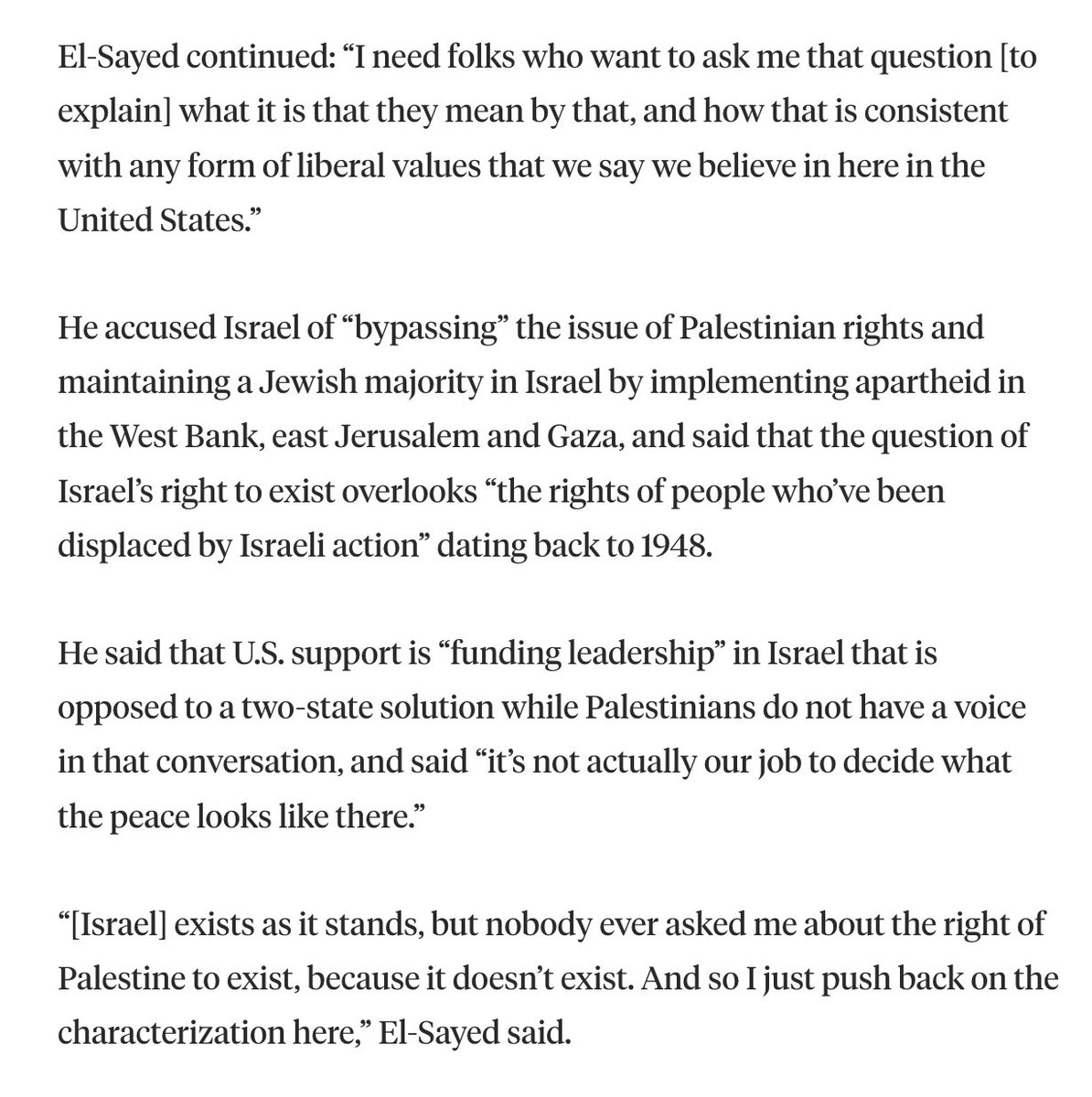 EmmaVigeland's tweet photo. Phenomenal answer by El-Sayed on Israel's "right to exist" as an ethnostate with no right to return for Palestinians. It's the furthest I've seen a viable Senate candidate go in acknowledging the one-state reality. Expect Zionist groups to get desperate and spend in response. https://t.co/jr4w36K3aa