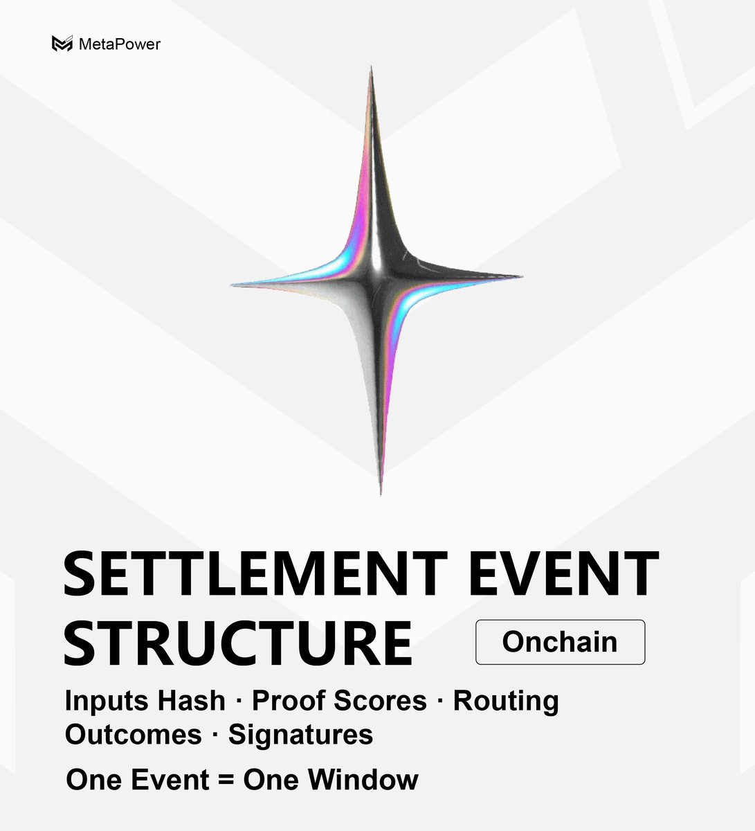 MetaPower_X's tweet photo. Settlement event structure
Inputs hash + proof scores + routing outcomes + signatures.
One event = one window.
#MetaPower  #Onchain https://t.co/qIWC81qhuq