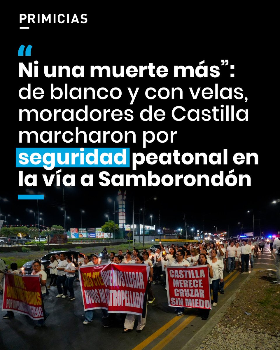Primicias's tweet photo. La muerte de una estudiante universitaria de 20 años, residente de la urbanización Castilla y atropellada días atrás en la vía Samborondón-Salitre, motivó una marcha pacífica la noche de este martes 26 de mayo. https://t.co/9Jg44uvDgo https://t.co/eS99m7u7x3
