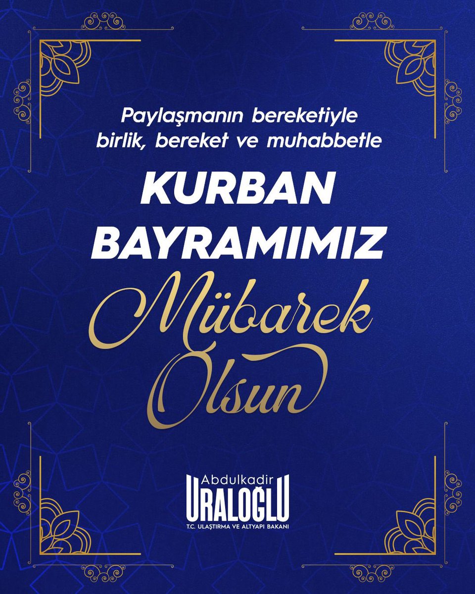 a_uraloglu's tweet photo. Teslimiyetin, sadakatin ve paylaşmanın en derin manasını taşıyan Kurban Bayramı’mızın gönüllerimize ferahlık, hanelerimize bereket getirmesini diliyorum.

Aziz milletimizin ve tüm İslam âleminin Kurban Bayramı mübarek olsun. 🇹🇷 https://t.co/WAp1s1yPgK