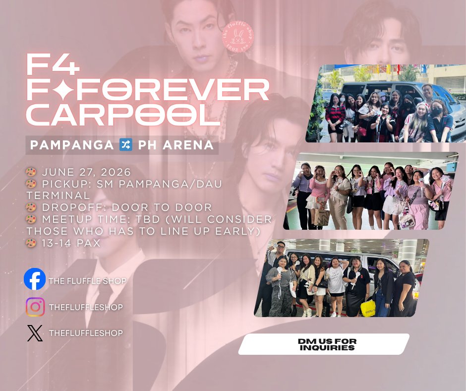 TheFluffleShop's tweet photo. ˚₊·—̳͟͞͞♡ F4 F✦FOREVER carpool ✿

📍pampanga🔀ph arena
🚙pickup @ smp/dau terminal
🚗dropoff @ own house/nearest landmark
👥12 pax
💸850/pax

pls fill out this form if interested 👇🏻
https://t.co/uIFep7BuJ8

🏷️pampanga ph arena carpool
#F4InManila #FFOREVERinMANILA https://t.co/fwiY97t8xg