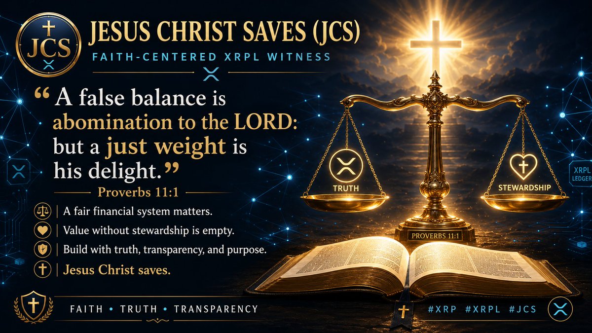 JesusCS_token's tweet photo. @Cobb_XRPL “A false balance is abomination to the LORD: but a just weight is his delight.” — Proverbs 11:1

A fair financial system matters. Value without stewardship is empty. Build with truth, transparency, and purpose.

Jesus Christ saves. #XRP #XRPL #JCS https://t.co/5k0ARJwHvb