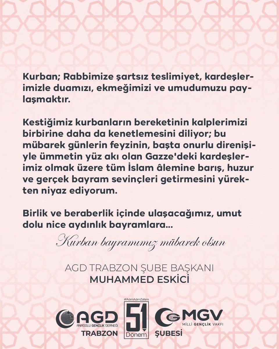 agdtrabzon's tweet photo. Kurban Bayramı’mız mübarek olsun. 🌙

Kurbanlarımızın bereketiyle kalplerimizin kenetlendiği; başta Gazze olmak üzere tüm İslam coğrafyasına barış, huzur ve aydınlık yarınlar getirecek nice bayramlara... https://t.co/OyoJ2kbywG