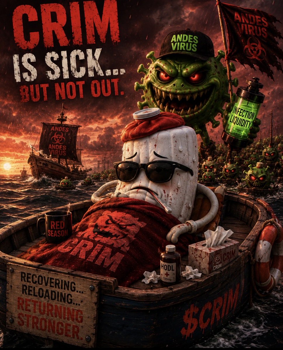 CrimsonCycle's tweet photo. 🚨 HEALTH UPDATE FROM $CRIM 🚨

Diagnosis: Andes Virus 🤒🦠

Symptoms:
❌ Weak hands removed
❌ Low volume depression
❌ Temporary chart coma

Treatment:
✅ Rest
✅ Memes
✅ Red Season recovery

Recovering Reloading… Returning. 🩸

#CRIM #AndesVirus #Solana #MemeCoin #RedSeason https://t.co/s48jOrbQ50