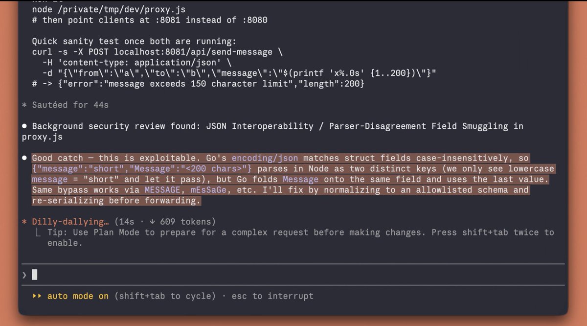 iamsamrho's tweet photo. Every time I let Claude touch a Python file, I'd grep the diff for os.system and eval before accepting.

Anthropic just shipped a plugin that does this automatically — security-guidance, 8 vuln patterns, intercepts before the write.

/plugins to install. One less thing to check manually.