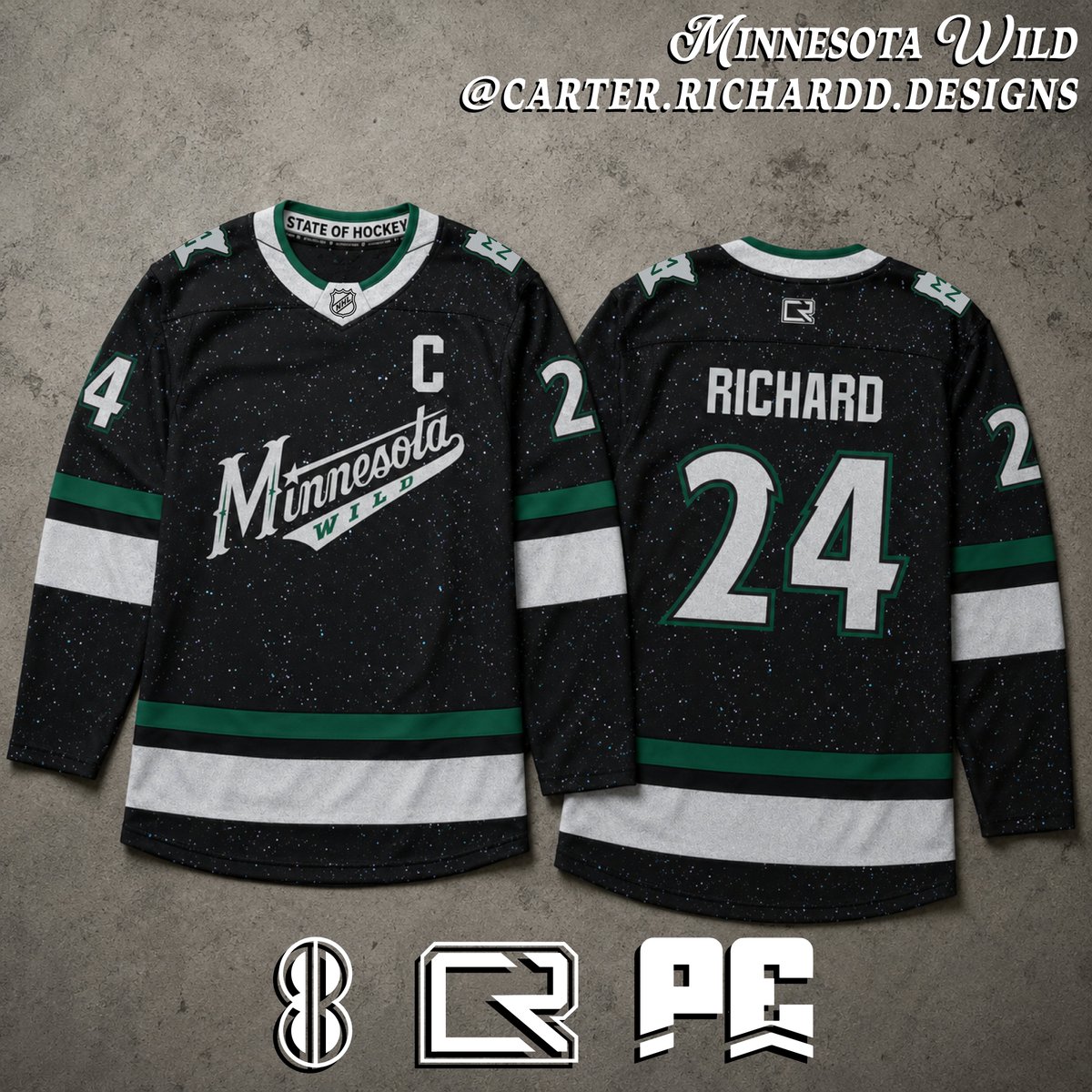 carterrichardd's tweet photo. NHL Hometown Remix PREDICTION
Minnesota Wild #mnwild
I've been told that Minny's jersey is themed around a night sky so I included a sublimated star design. The accent colours will be green and silver so I chose to use those with their old alt striping. Thoughts? #HometownRemix https://t.co/B2M1CKfO1z