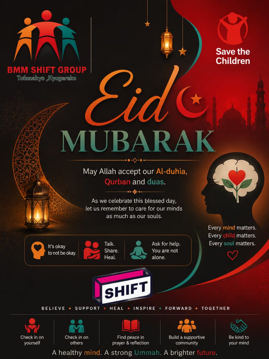 BMMShifters's tweet photo. Eid Mubarak everyone

Check on your people today. A simple “how are you really?” can mean everything.
Joy shared is joy doubled. Struggles shared feel lighter.  
#EidMubarak
#MentalHealthMatters
 @sauti116 
@savechildrenug https://t.co/nKlTmZ232c