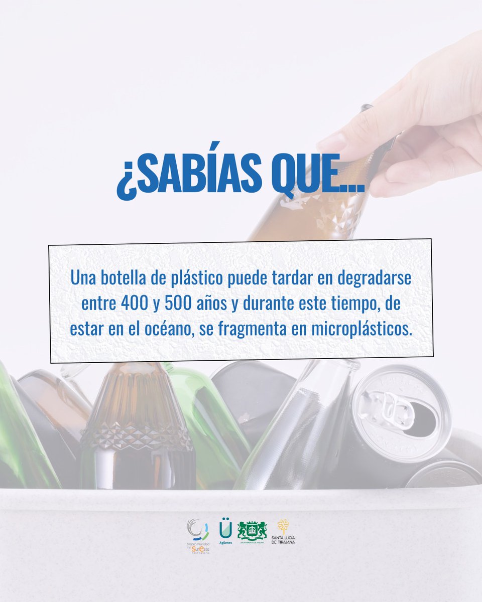Surestegc's tweet photo. ♻️ Pequeños gestos que ayudan a cuidar el planeta

Una botella de plástico puede tardar entre 400 y 500 años en degradarse y, durante ese tiempo, si llega al océano, se fragmenta en microplásticos.

Reciclar este y otros materiales tiene un impacto directo en el medio ambiente. https://t.co/7io5gWFFLn