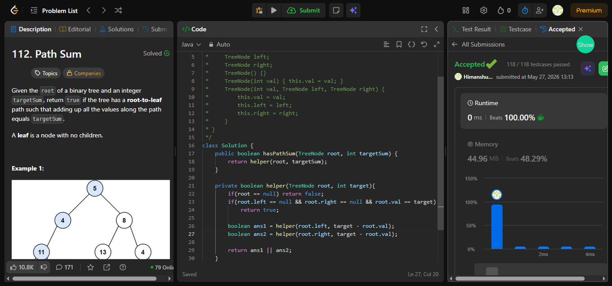 HimanshuSi924's tweet photo. Day 73 of #100DaysOfCode 🚀
Solved LeetCode 112: Path Sum ✅

Used DFS + Recursion to validate root-to-leaf target sum 🌳

⏱ Time: O(n)
💾 Space: O(h)
Reducing target during traversal keeps the solution clean 🔥

#LeetCode #DSA #Java #BinaryTree #DFS #Recursion #CodingJourney https://t.co/stKHVUaykZ