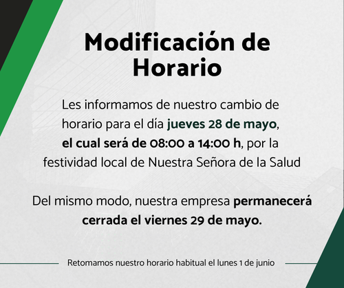 fersoft_es's tweet photo. Les informamos de nuestro cambio de horario para el día, 𝐣𝐮𝐞𝐯𝐞𝐬 𝟐𝟖 𝐝𝐞 𝐦𝐚𝐲𝐨, el cual será de 08:00 a 14:00 h., debido a la festividad local de Nuestra Señora de la Salud.

Del mismo modo, el 𝐯𝐢𝐞𝐫𝐧𝐞𝐬 𝟐𝟗 𝐝𝐞 𝐦𝐚𝐲𝐨, nuestra empresa permanecerá cerrada. https://t.co/R1XxYSdHKE