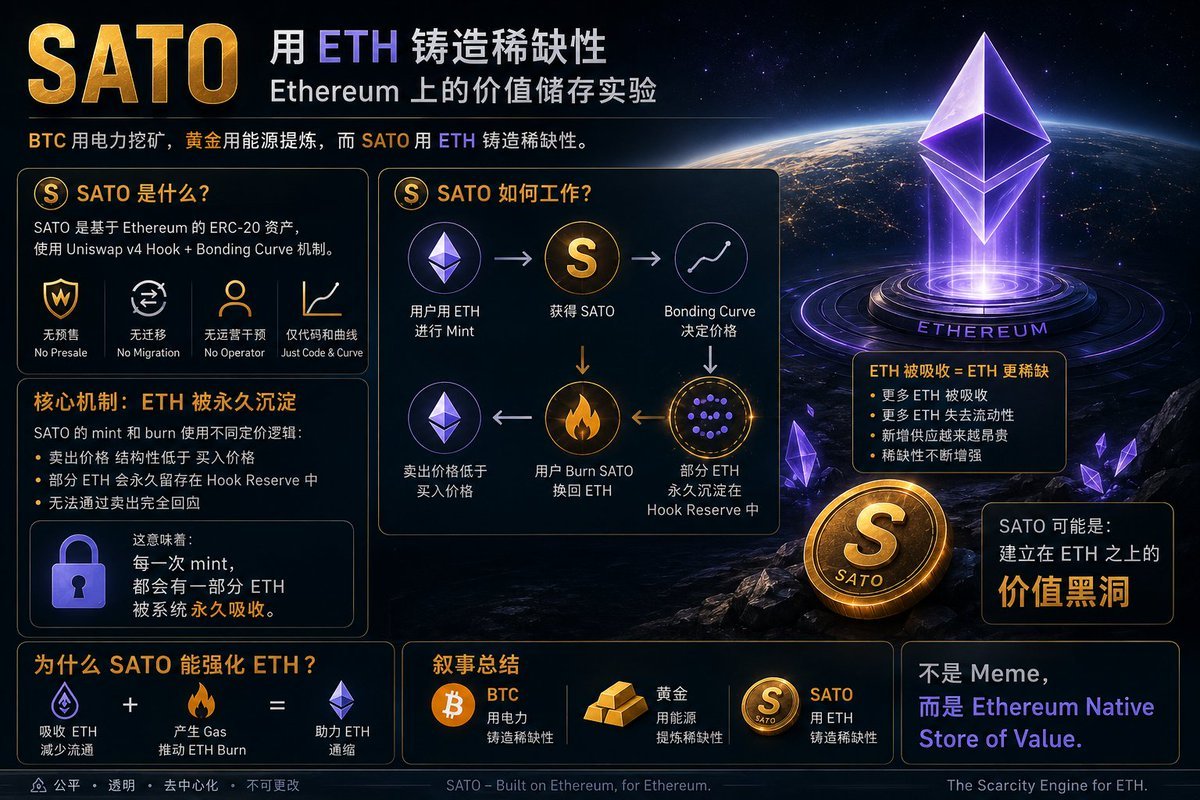 DISHANGE168's tweet photo. 🚀 币圈全新叙事来了！以太坊上的比特币 $SATO

没有团队、没有预售、纯代码驱动的 Satoshi 致敬之作。

采用 Bonding Curve + Sell-to-Burn 机制，让供需真正自己做主！

这不是 meme，更不是 PVP，这是对比特币精神的链上实验。

一起见证历史吧！🔥🔥🔥🔥🔥🔥🔥 https://t.co/St0BG5lmU1