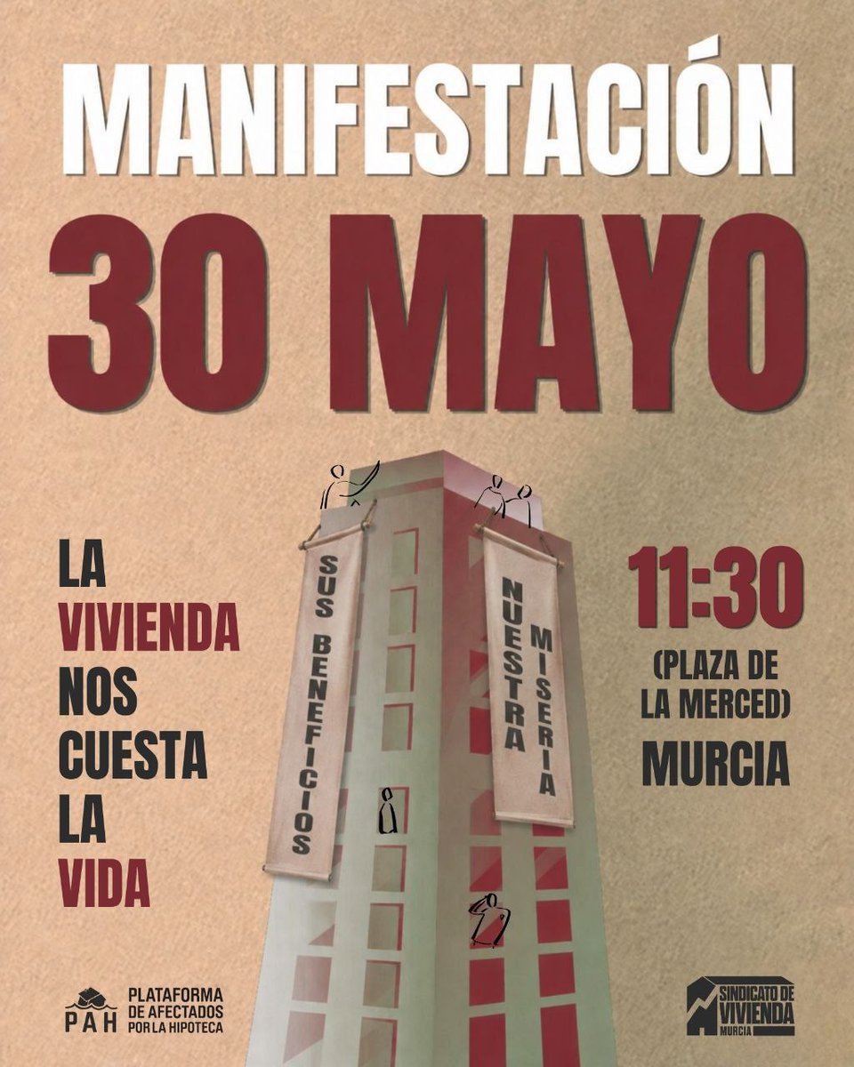 pcrm_es's tweet photo. 📢 Frente a su especulación y nuestros alquileres imposibles: ¡organización y lucha!
​Desde el PCRM apoyamos la manifestación de este sábado en #Murcia. Porque la vivienda es un derecho y sus beneficios son nuestra miseria. 
​🗓️ Sábado 30 de Mayo
⏰ 11:30h
📍 Plaza de la Merced https://t.co/2sTOgkIB2G