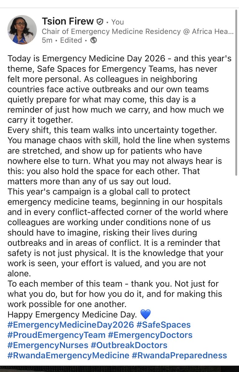 DrTsion's tweet photo. Happy Emergency Medicine Day. 💙
#EmergencyMedicineDay2026 #SafeSpaces #ProudEmergencyTeam #EmergencyDoctors #EmergencyNurses #OutbreakDoctors #RwandaEmergencyMedicine #RwandaPreparedness https://t.co/WJT5ti9Ei0