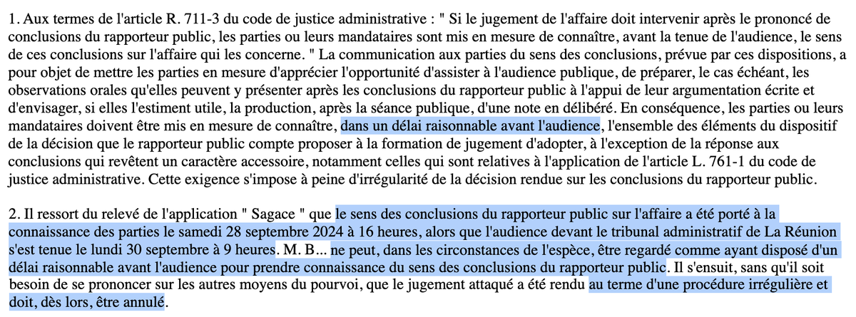N_Hervieu's tweet photo. Contentieux administratif : Le @Conseil_Etat annule un jugement pour irrégularité.

En raison de la transmission tardive du sens des conclusions du rapporteur public : Samedi à 16h pour une audience lundi à 9h.

Un délai tolérable en semaine (24/48h) ne l'est donc pas le weekend. https://t.co/EE8VU91q3B