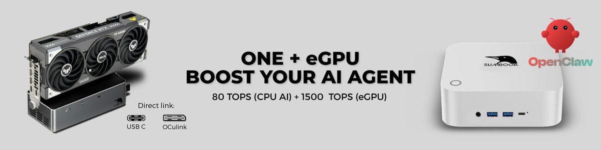 slimbook's tweet photo. 🚀 Slimbook ONE with AI: designed for the new era of computing with artificial intelligence.

Powered  by the AMD AI9 HX 370, the Slimbook ONE delivers up to 80 TOPS of AI  performance with CPU + NPU. 

👀 But that’s not all: by connecting the  eGPU dock with an RTX 5060, 5070, or 5080, you can reach up to 1500  TOPS, taking your AI agents and local workflows to the next level.

✅ Sustained and versatile performance
✅ Full connectivity with eGPU
✅ Dual Channel DDR5 memory

Perfect  for developers, creators, and advanced users looking for a compact and  powerful mini PC, capable of running modern AI smoothly and efficiently.

👉 https://t.co/4Is2xAqa5b
#Slimbook #One #eGPU #AIAgents #Ollama #OpenClaw #RyzenAI