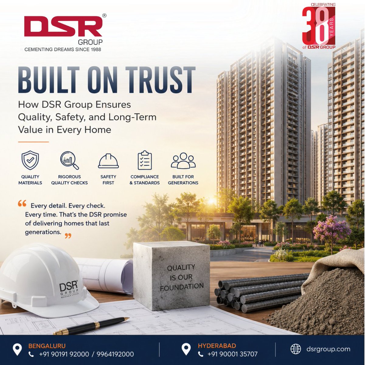 DSRInfra's tweet photo. A home is more than concrete &amp; steel. It is security, trust, comfort &amp; the future of generations.

Every project is built with strict quality systems, premium materials, safety-focused execution &amp; long-term durability in mind.

#DSRGroup #BuiltOnTrust #QualityConstruction https://t.co/xaa0Qp88KI