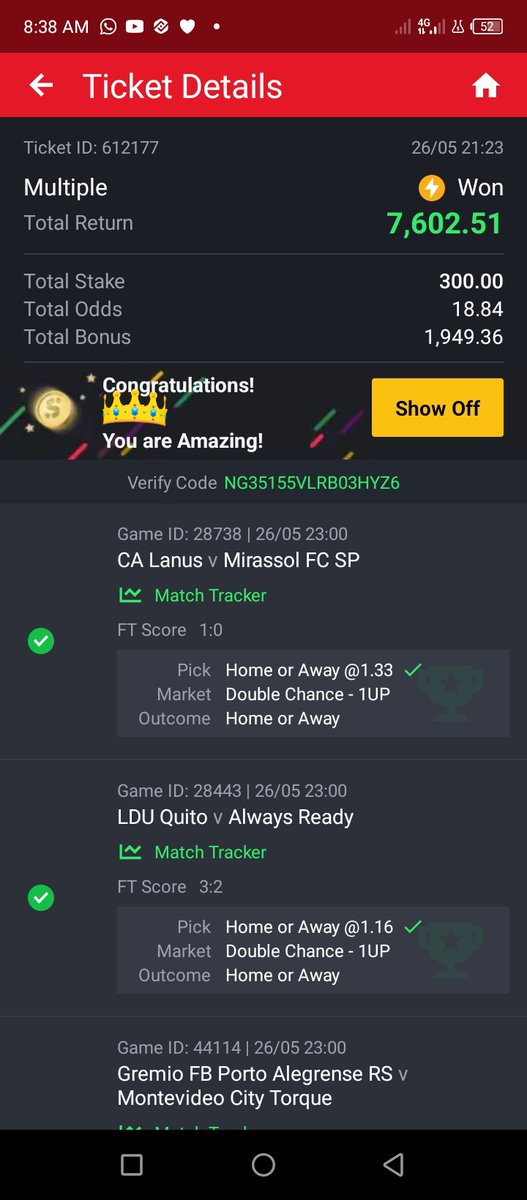 Affinitymoves's tweet photo. Another winning ticket dropped from last night game 
18 Odds was on fire 
✅✅✅✅✅✅✅✅✅✅✅🔥🔥🔥🔥🔥🔥🔥🔥🔥🔥🔥
Congratulations man all thanks to GOD. https://t.co/dIJuCNjWlN