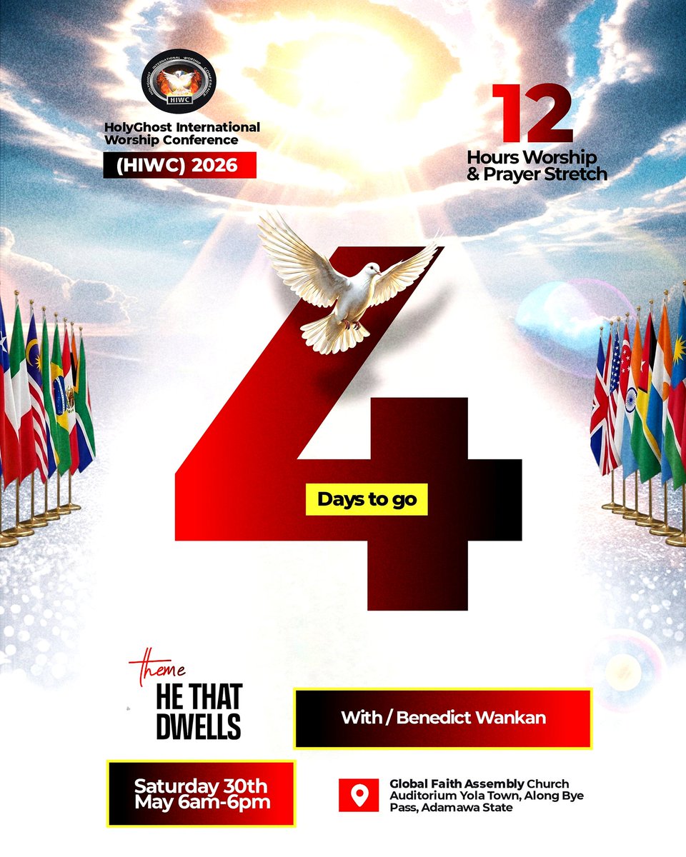 technicalSam_'s tweet photo. 3 DAYS TO GO! ⏳ 

Clean and simple countdown visual for HIWC 2026. If you are in or around Yola, prepare to join us this week!

Samuel Simon 
#countdown #flyerdesign https://t.co/rXEYzunaLu