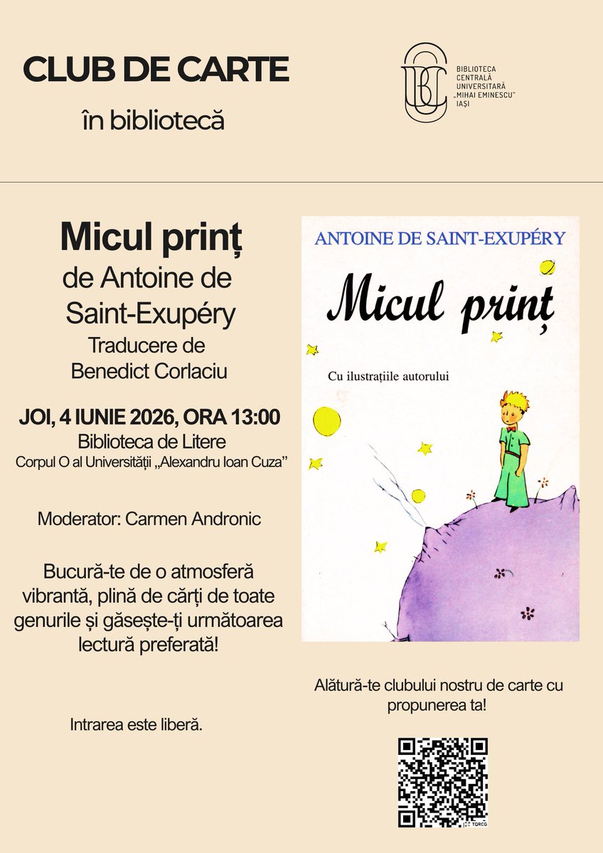 BCUIASI's tweet photo. Clubul de carte în bibliotecă – ediția a IV-a | „Micul prinț” de Antoine de Saint-Exupéry
https://t.co/3TaTdwaD9P https://t.co/K6RREvZNAz