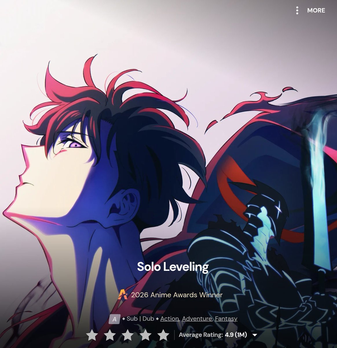 Kircheis69's tweet photo. Solo leveling just hit 1m ratings on crunchyroll https://t.co/BvYK6Lbg2a