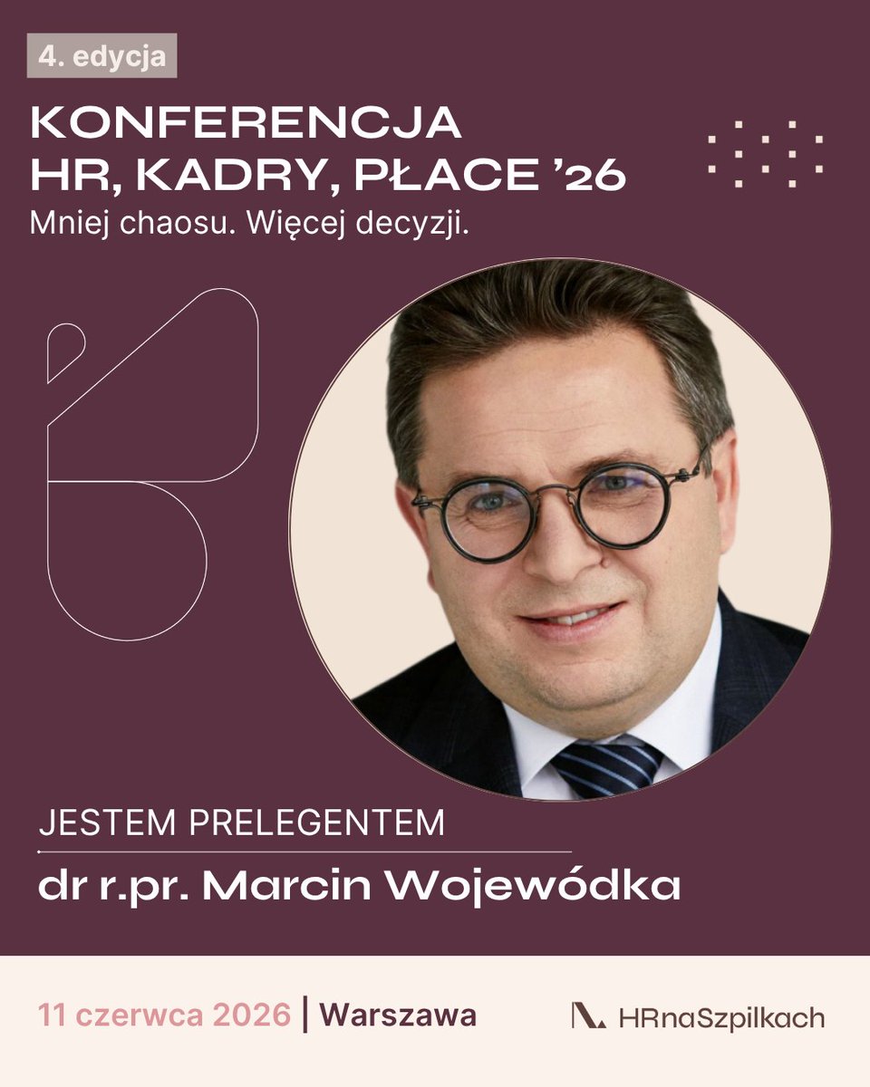 Inst_Emerytalny's tweet photo. Dr Marcin Wojewódka, prezes Instytutu Emerytalnego, 11 czerwca 2026 r. stanie na scenie Konferencji HR, Kadry, Płace '26 – czwartej już edycji wydarzenia organizowanego przez HR na Szpilkach®, które w tym roku odbywa się pod hasłem „Mniej chaosu. Więcej decyzji."

Konferencja od lat należy do czołowych wydarzeń branży HR w Polsce, przyciągając ekspertów, prawników i menedżerów z całego kraju. W centrum tegorocznego programu znalazły się transparentność w zarządzaniu, odpowiedzialne podejmowanie decyzji i skuteczność procesów – a także aktualne wyzwania prawne: zmiany w prawie pracy, nowe regulacje dotyczące mobbingu oraz transformacja rynku pracy.