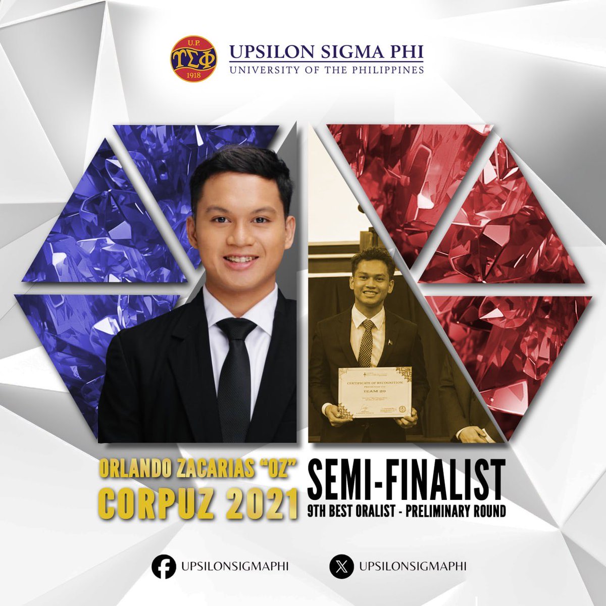 upsilonsigmaphi's tweet photo. The Upsilon Sigma Phi congratulates 𝗙𝗲𝗹𝗹𝗼𝘄 𝗢𝗿𝗹𝗮𝗻𝗱𝗼 𝗭𝗮𝗰𝗮𝗿𝗶𝗮𝘀 “𝗢𝘇” 𝗡. 𝗖𝗼𝗿𝗽𝘂𝘇 𝟮𝟬𝟮𝟭 and 𝗙𝗲𝗹𝗹𝗼𝘄 𝗘𝗻𝗿𝗶𝗰𝗼 𝗠𝗶𝗴𝘂𝗲𝗹 “𝗠𝗶𝗴𝘀” 𝗗. 𝗣𝗶𝗹𝗮𝗽𝗶𝗹 𝟮𝟬𝟮𝟭 for their achievements at the 2026 Merlin M. Magallona Cup. https://t.co/KeJHon5kDX