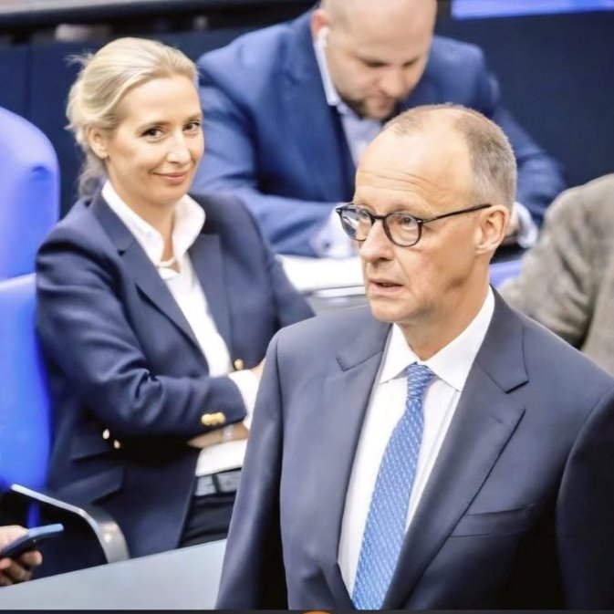 runews's tweet photo. That is the look AfD’s Alice gives WAR Chancellor Merz as his own party looks for his replacement.

ouch.. https://t.co/Fmmze9Rle0