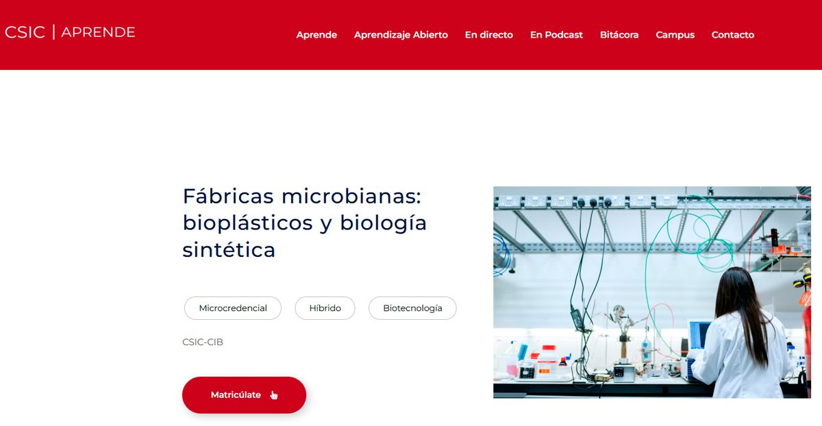 CIB_CSIC's tweet photo. Abierto el plazo de inscripción de la microcredencial (MC) "Fábricas microbianas: bioplásticos y biología sintética", coordinado por miembros del comité de formación de la PTI+ @susplast pertenecientes al @CIB_CSIC.

Información y matrícula 🔗 https://t.co/d6cb8LTX80 https://t.co/2CXFhBFPRI