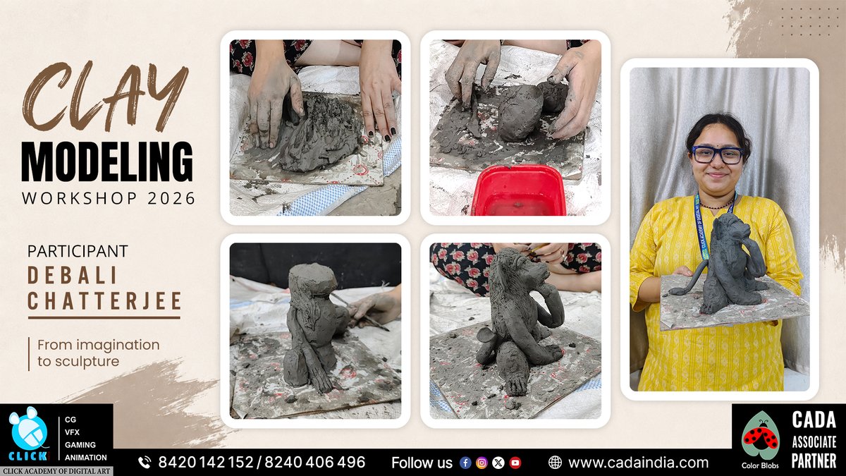 clickanimation's tweet photo. Clay Modeling Workshop 2026
Participant: Debali Chatterjee

From imagination to sculpture.

Call: 8420 142 152 | WhatsApp: 8240 406 496
Visit us: https://t.co/iYZlZjjlMK

#CADAIndia #ClickAcademy #CADA #ClayModelingWorkshop2026 #ClayWorkshop #ClayArt #ClayCraft https://t.co/5SRPEcfju0
