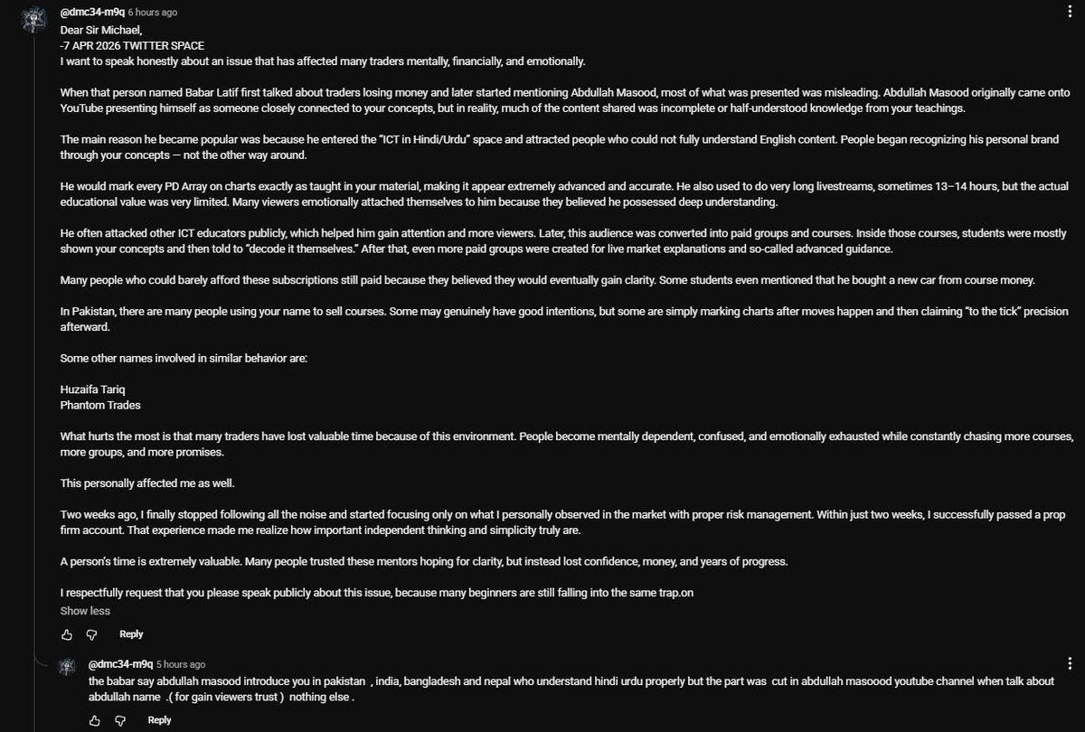 InnerDiscipline's tweet photo. This is someones Comment under Recent ICT Video 

Don’t pay a single penny to anyone for ICT educational content.

Funny when course sellers say “free content isn’t good enough" 

Meanwhile they learned from free ICT videos themselves before repackaging it into a paid course. https://t.co/YrnLg1gnsT