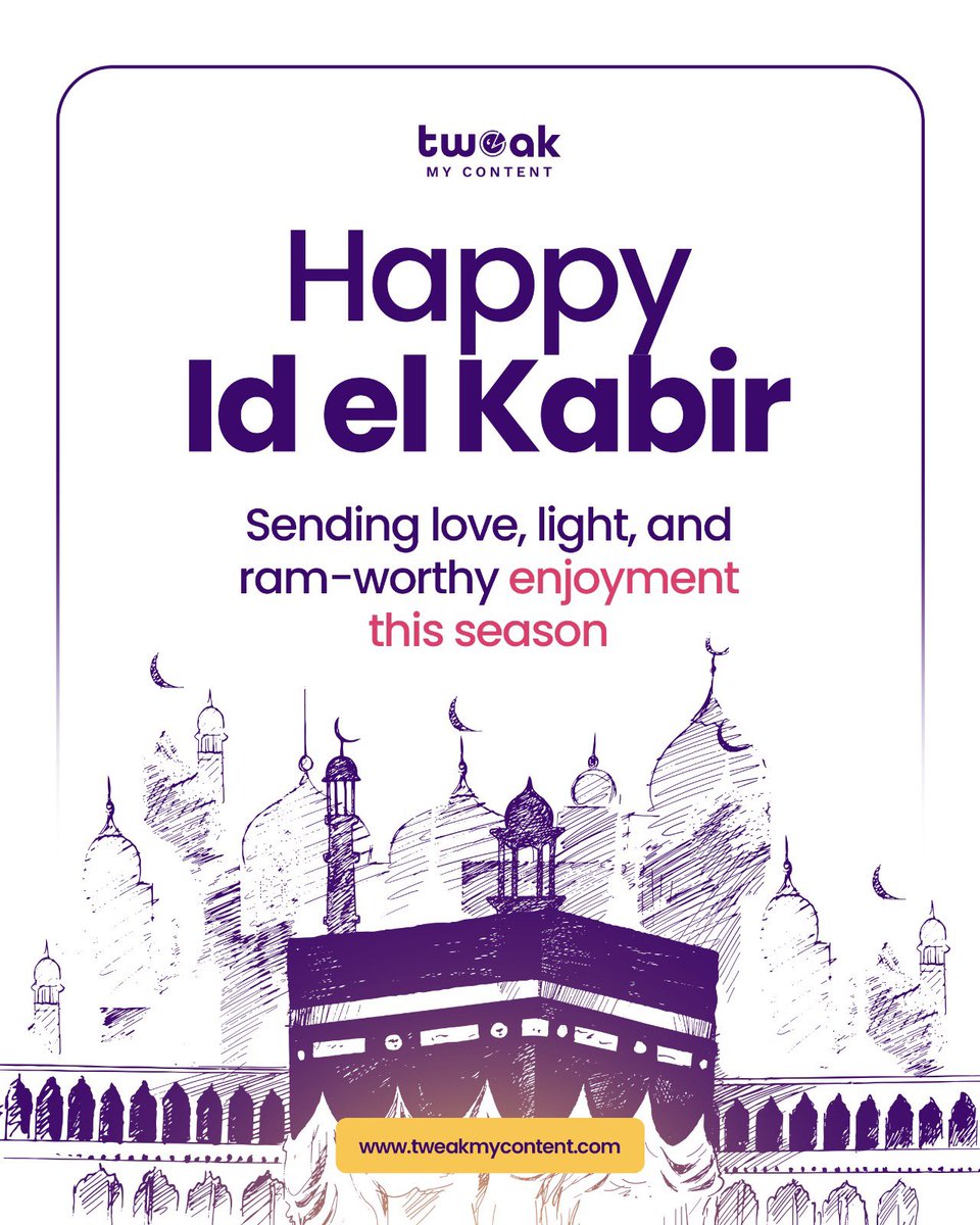 tweakmycontent's tweet photo. Here’s to celebrating wins, cherishing moments with loved ones, and embracing new opportunities ahead.

Happy Id el Kabir

#TweakMyConten #HappySallah #IdElKabir #SallahCelebration https://t.co/P6pmNSmN6S