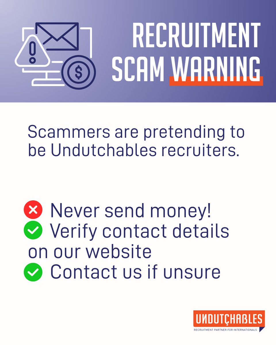 UndutchablesRec's tweet photo. ⚠️ #Scam Warning ⚠️

Scammers are impersonating Undutchables recruiters using fake emails, phone calls, and even our colleagues’ names.

❌ We NEVER ask candidates for money.

Verify our team here:
https://t.co/okIVHNvvIx
Read tips here 🔗 https://t.co/vWeUy1JXgy

Stay alert. https://t.co/pKTSGGoC5X