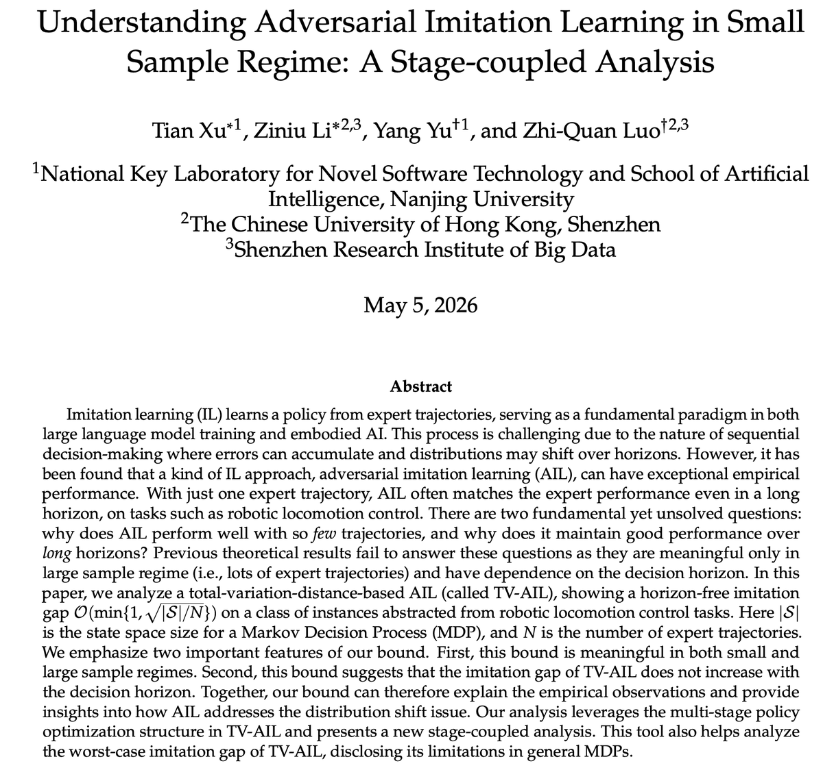 Tian__Xu's tweet photo. 🥳Excited to share our work on imitation learning theory, accepted at IEEE TPAMI! Joint work with @ZiniuLi, Yang Yu &amp; Zhi-Quan Luo.

paper link: https://t.co/BC0FUg4WnD https://t.co/uGlBuAZIkA